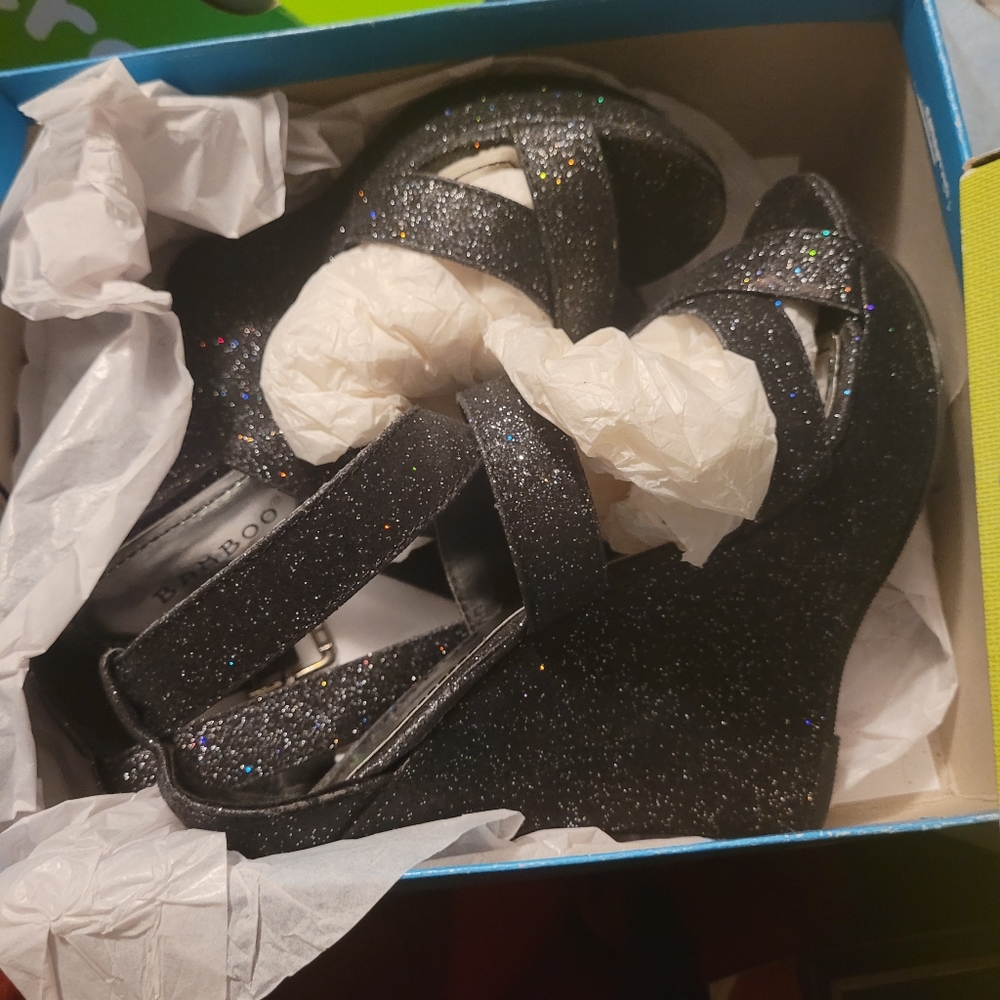 Bamboo Black Sparkly Strapped Wedges